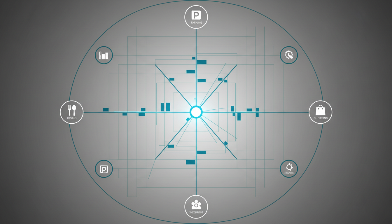 A schematic birds-eye visualization of an urban grid, rendered in soft grayscale with pops of blue and teal for main routes, showing lines radiating from a highlighted starting point to multiple nearby businesses. Around the grid, neat icons suggest filtering features, such as dining or shopping. The background is a subtle gradient, suggesting depth without clutter. Gentle ambient light creates a sleek, uniform quality, enhancing the sophisticated and efficient atmosphere. The image is perfectly centered and symmetrical, utilizing digital art techniques for sharp clarity and a distinctly corporate, smart-mapping aesthetic.