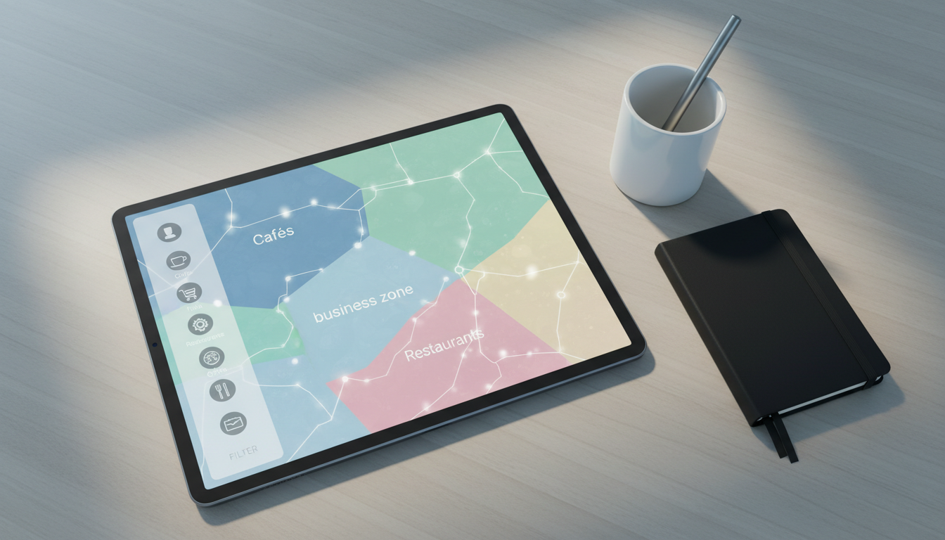 A detailed illustration of a tablet displaying a refined smart map, where distinct, pastel-colored polygons represent business zones, and crisp category icons are organized on a side filter panel. The device rests on a neutral-toned wood surface alongside a minimalist pen holder and a closed, monochrome notebook. Overhead, cool but gentle artificial lighting creates sharp, soft-edged shadows, accentuating the image’s ordered structure. Captured from a top-down, bird’s eye view with edges cropping closely around the tablet, the composition achieves clarity and visual order, fitting a professional, technology-oriented theme in a digital-artistic, clean style.